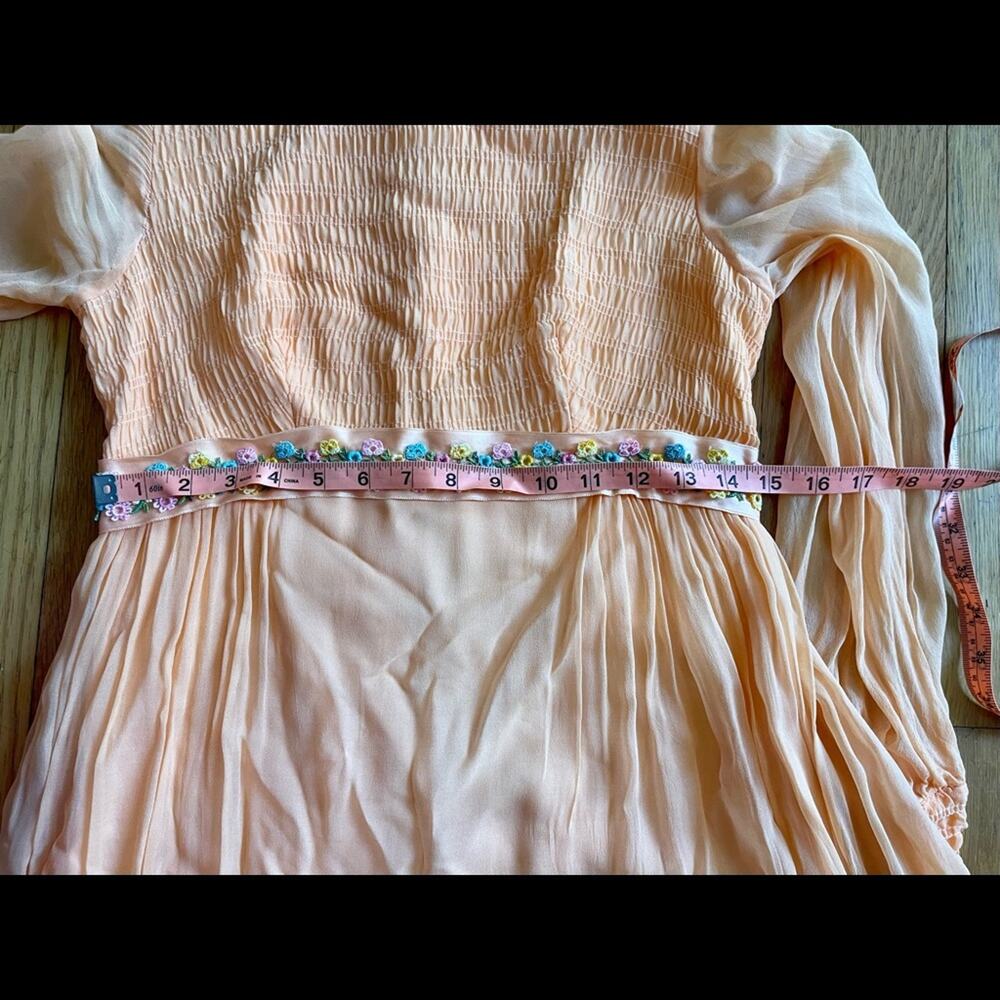 70s Vintage Shirred Bust Long Sleeve Peach Prom Dress - Picture 7 of 8